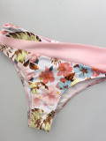 Women's Pink Printed Patchwork Lace-Up Bikini Two-Piece Swimsuit