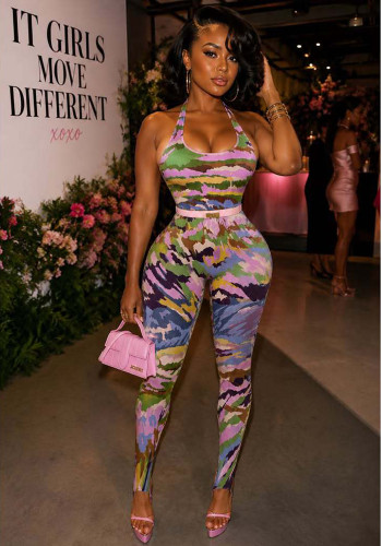 Women's Fashion Printed Sleeveless Slim Fit Bodysuit & Pants Set