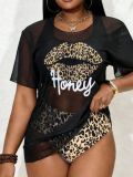 Plus Size Women's Printed Mesh High Waist Pants Three-Piece Swimsuit