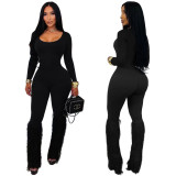 Women's Sexy U-Neck Long Sleeve Slim Fit Fringe Flared Jumpsuit