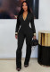 Women's Deep V-Neck Zip Front Long Sleeve Tight Fitting Fringe Flared Jumpsuit