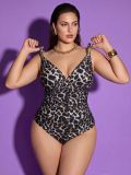 Plus Size Women's Leopard Print Deep V Lace-Up Back One-Piece Swimsuit
