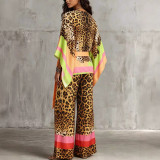 Spring & Autumn Women's Leopard Print Color Block V-Neck Top & Wide Leg Pants Two-Piece Set
