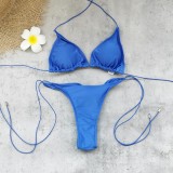 Women's Solid Color Pleated Low Back Lace-Up Bikini Two-Piece Swimsuit