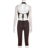 Women's Fashion Solid Color Sexy Cutout Halter Neck Top & Cropped Pants Set