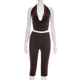 Women's Fashion Solid Color Sexy Cutout Halter Neck Top & Cropped Pants Set