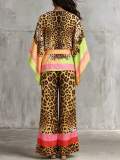 Spring & Autumn Women's Leopard Print Color Block V-Neck Top & Wide Leg Pants Two-Piece Set