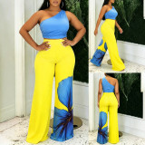 Asymmetrical One-Shoulder Printed Crop Top & High Waist Printed Wide Leg Pants Two-Piece Set