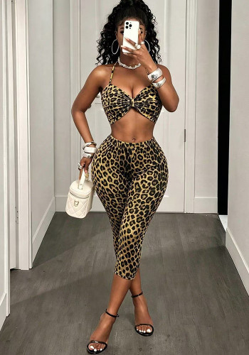 Women's Sexy Slim Fit Leopard Print Cami Top & Tight Fitting Pants Set