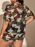 Plus Size Women's Camouflage Print Mesh Half Sleeve Swim Cover-Up