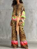 Spring & Autumn Women's Leopard Print Color Block V-Neck Top & Wide Leg Pants Two-Piece Set