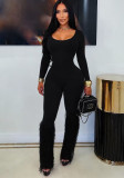 Women's Sexy U-Neck Long Sleeve Slim Fit Fringe Flared Jumpsuit