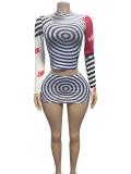 Women's Asymmetrical Color Block Printed High Neck Long Sleeve Tight Fitting Two-Piece Skirt Set