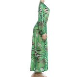Summer Women's Sexy Low Back Deep V-Neck Long Sleeve Split Dress