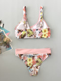 Women's Pink Printed Patchwork Lace-Up Bikini Two-Piece Swimsuit