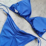 Women's Solid Color Pleated Low Back Lace-Up Bikini Two-Piece Swimsuit