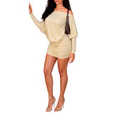 Women's Elegant Off Shoulder Pleated Tight Fitting Bodycon Dress