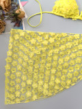 Women's Yellow Floral Lace-Up Bikini Three-Piece Swimsuit