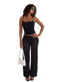 Women's See-Through Lace High Waist Drawstring Wide Leg Pants with Built-In Briefs
