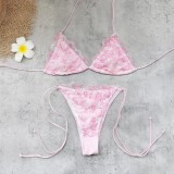 Women's Solid Color Lace Low Back Lace-Up Bikini Two-Piece Swimsuit