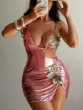 Women's Shiny Floral Applique Lace-Up One-Piece Bikini & Mini Skirt Two-Piece Set