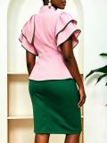 Plus Size Color Block Ruffle Sleeve Crop Top & High Waist Bodycon Midi Skirt Two-Piece Set