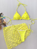 Women's Yellow Floral Lace-Up Bikini Three-Piece Swimsuit