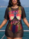 Plus Size Women's Printed Mesh High Waist Pants Three-Piece Swimsuit