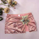 Women's Shiny Floral Applique Lace-Up One-Piece Bikini & Mini Skirt Two-Piece Set