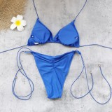 Women's Solid Color Pleated Low Back Lace-Up Bikini Two-Piece Swimsuit