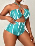 Plus Size Women's Tie-Dye Lace-Up Waist Cutout One-Piece Swimsuit