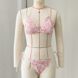 Women's Solid Color Lace Low Back Lace-Up Bikini Two-Piece Swimsuit