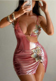 Women's Shiny Floral Applique Lace-Up One-Piece Bikini & Mini Skirt Two-Piece Set