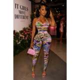 Women's Fashion Printed Sleeveless Slim Fit Bodysuit & Pants Set