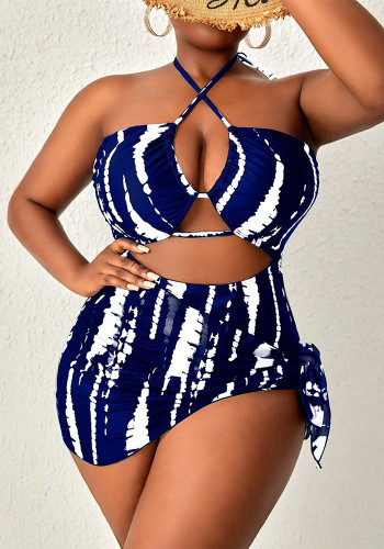 Plus Size Women's Tie-Dye Lace-Up Waist Cutout One-Piece Swimsuit