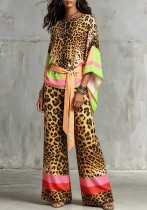 Spring & Autumn Women's Leopard Print Color Block V-Neck Top & Wide Leg Pants Two-Piece Set