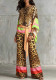 Spring & Autumn Women's Leopard Print Color Block V-Neck Top & Wide Leg Pants Two-Piece Set