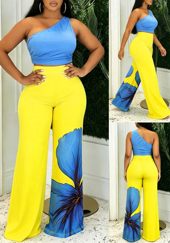 Asymmetrical One-Shoulder Printed Crop Top & High Waist Printed Wide Leg Pants Two-Piece Set