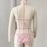 Women's Solid Color Lace Low Back Lace-Up Bikini Two-Piece Swimsuit