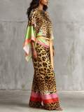 Spring & Autumn Women's Leopard Print Color Block V-Neck Top & Wide Leg Pants Two-Piece Set