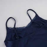 Women's Casual Solid Color Lace Trim Cami & Loose Mid-Length Shorts Two-Piece Set