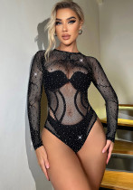 Women's Beaded Lace Polka Dot Stripe Long Sleeve See-Through Rhinestone Slim Fit Bodysuit