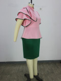 Plus Size Color Block Ruffle Sleeve Crop Top & High Waist Bodycon Midi Skirt Two-Piece Set