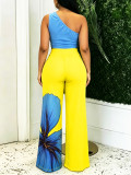Asymmetrical One-Shoulder Printed Crop Top & High Waist Printed Wide Leg Pants Two-Piece Set