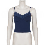 Women's Casual Solid Color Lace Trim Cami & Loose Mid-Length Shorts Two-Piece Set