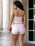 Summer Women's Casual Ruffle Trim Cami Top & Drawstring Shorts Lounge Set