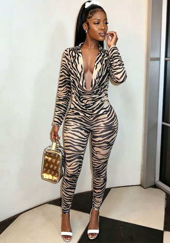 Women's Zebra Print Mesh High Stretch Slim Fit Pants Two-Piece Set