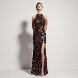 Women's Formal Party Halter Neck Low Back Beaded Sequin Split Evening Gown