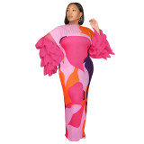 Women summer feather patchwork pleated print dress