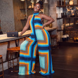 Summer Women's Fashion Color Block Print High Neck Sleeveless Loose Jumpsuit
